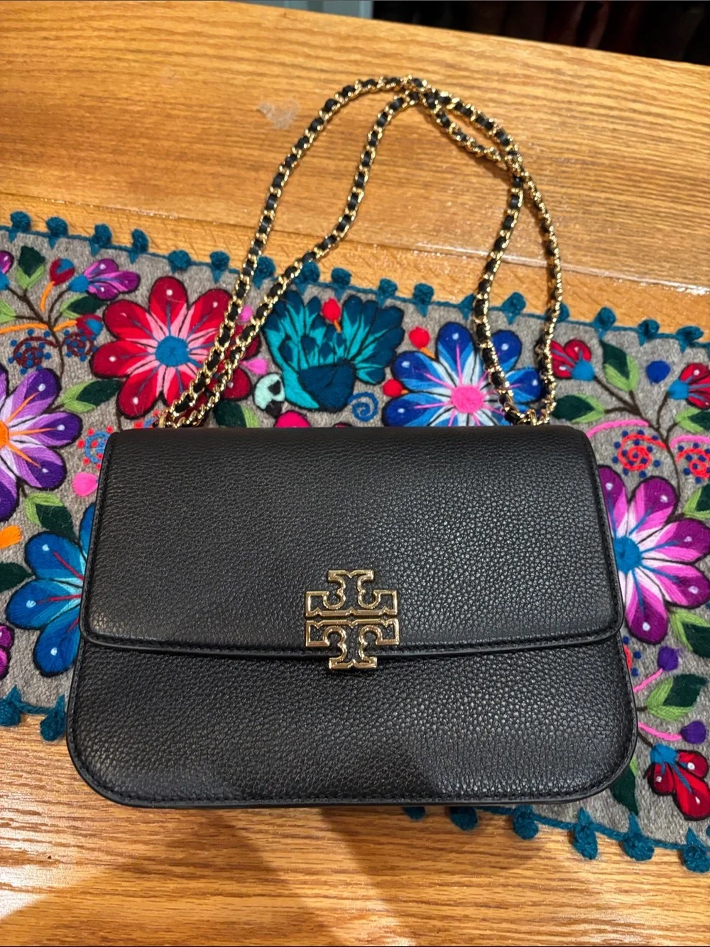 Tory Burch Black Pebbled Leather Chain Crossbody with Gold Logo